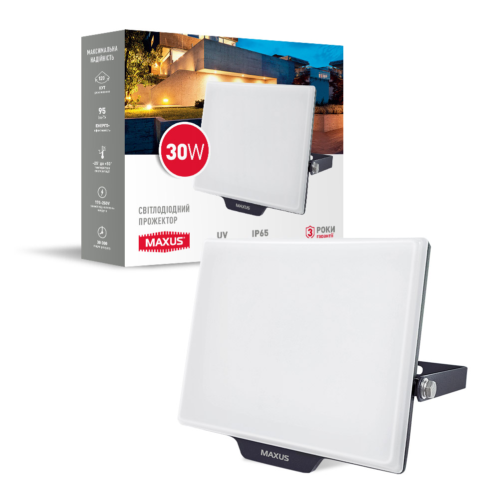 Прожектор светодиодный Maxus 30 Вт IP65 белый 1-MFL-03-3050