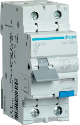Дифференциальный автомат Hager 1+N 20A 30 mA С 6 КА A 2м AD970J