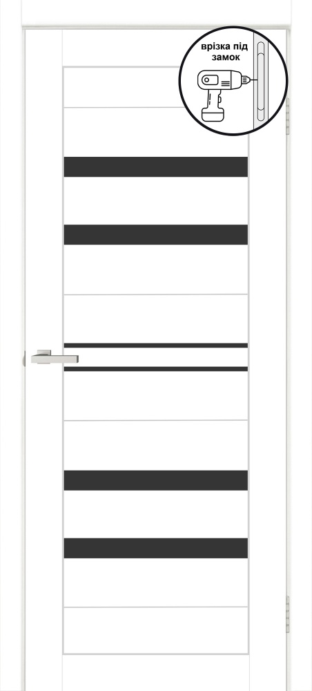 Дверне полотно ОМіС Lego 11 ВG (з фрезеруванням п/з 96/85) ПО чорне скло 700 мм білий емалекс