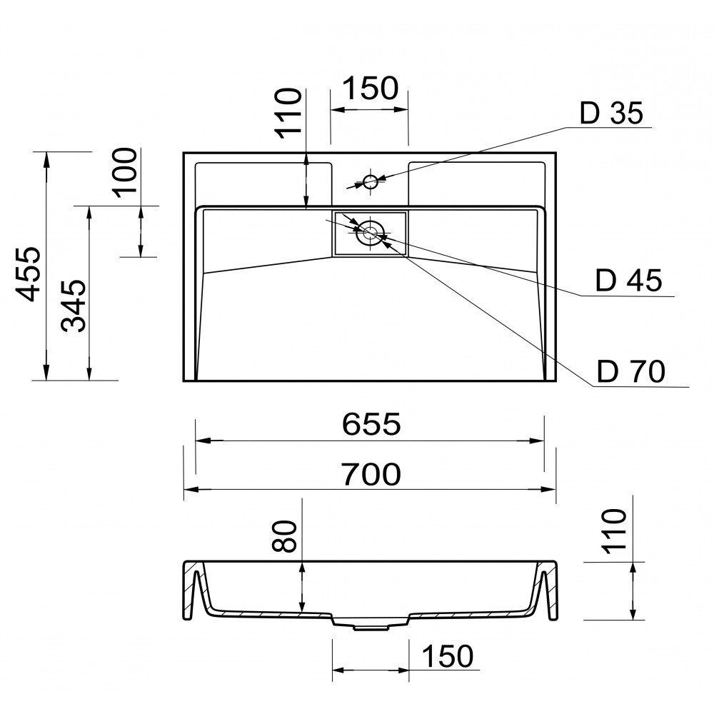 Умывальник Adamant VISION 70 700x450х125 Black/White