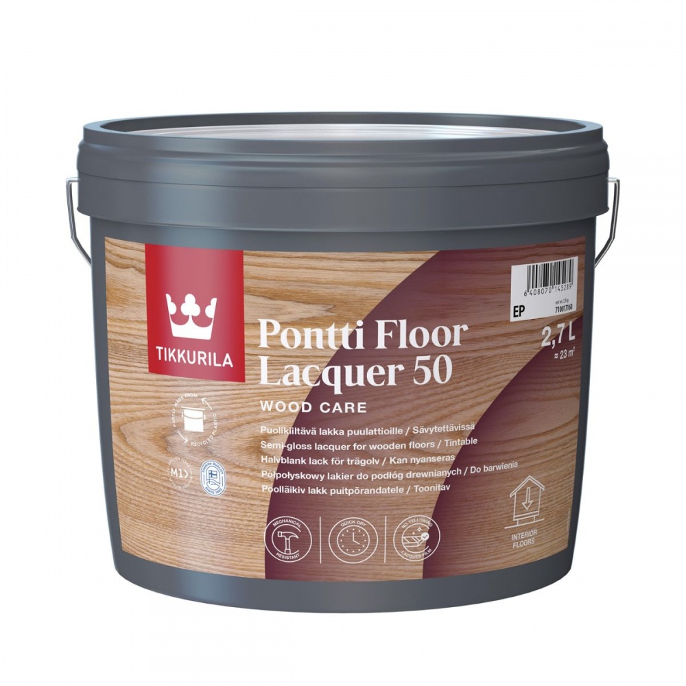 Лак Pontti Floor Lacquer 50, база EP TIKKURILA полуглянец бесцветный 2,7 л 2,937кг
