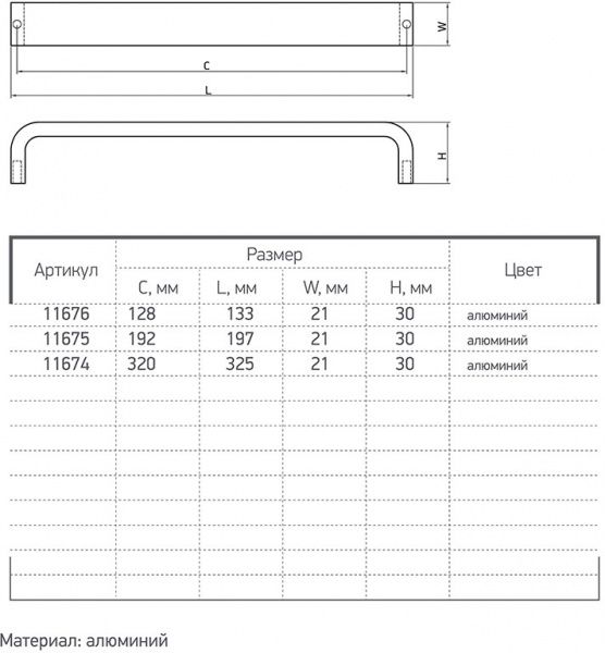 Мебельная ручка 11675 192 мм алюминий Ferro Fiori M 0090.192