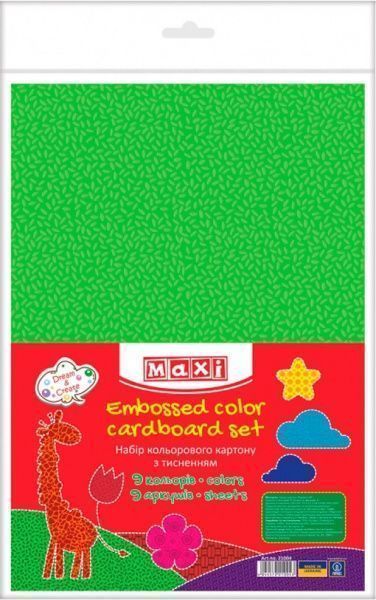 Набор цветного картона с тиснением, А4, 9 л, 9 цветов 