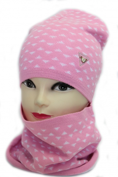 Комплект шапка + снуд для девочек Kraft+ р.52-54 розовый с белым 1509 