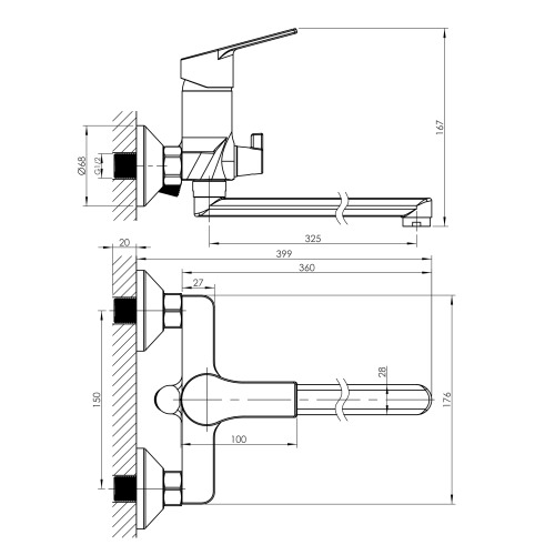 Смеситель для ванны Imprese WITOW L-излив 350 мм, з душовым гарнитуром, хром