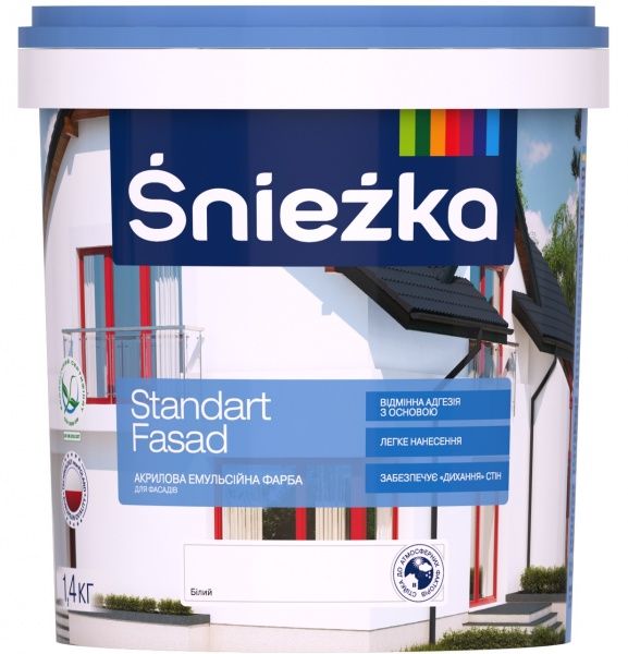 Краска акриловая водоэмульсионная Sniezka Standart Fasad мат белый 1л 1,4кг 