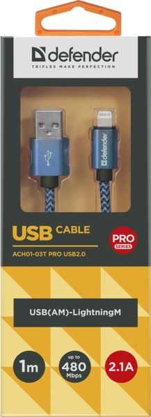 Кабель Defender Lightning – USB 1 м синій (87811) 