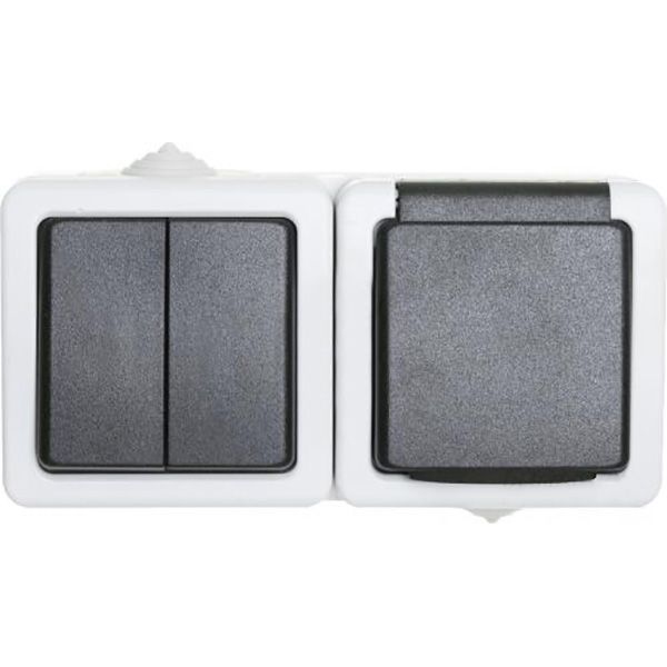 Розетка + вимикач вологозахищена із заземленням Титан зі шторками з кришкою білий 88625