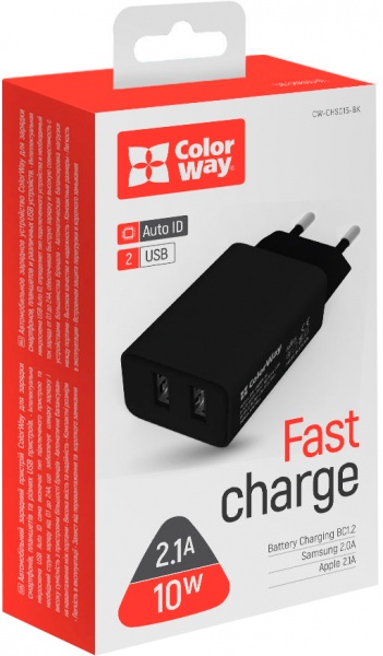 Сетевое зарядное устройство ColorWay 2 USB Auto ID 2.1A (10 W) 