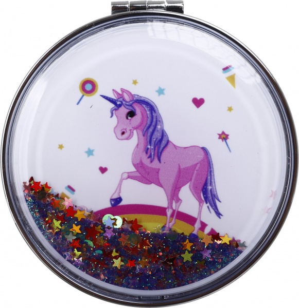 Зеркало карманное косметическое Лідер Канц Единорог с сыпучими блестками круглое 12 вариантов в ассортименте 
