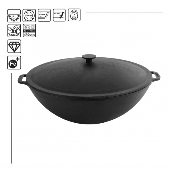 Казан Brizoll ø360 мм 135 мм 8 л чавунний WOK з чавунною кришкою W36-2