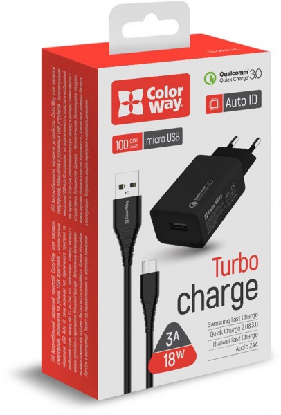 Зарядное устройство ColorWay 1USB Quick Charge 3.0 (18W) черное + cable micro USB CW-CHS013QCM-BK