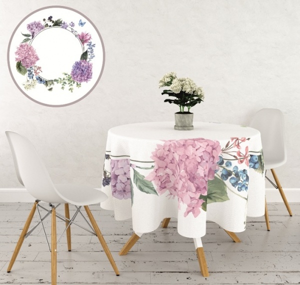Скатерть Гортензия d150 белый с рисунком La Nuit 