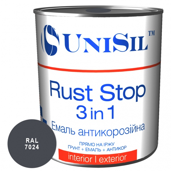 Ґрунт-емаль UniSil антикорозійна Rust Stop 3 in 1 RAL 7024 графітовий сірий глянець 2,5л