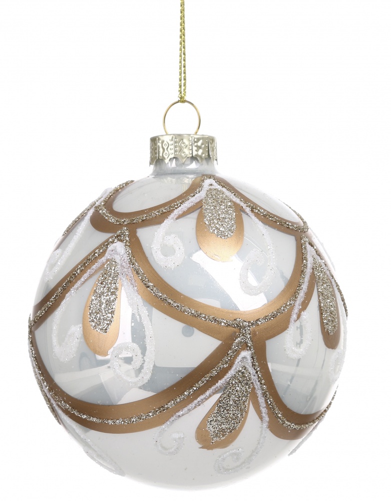 Шар новогодний орнамент флора бел./зол.перл. 3 ассорт. d 80 мм бело-золотой EE22006