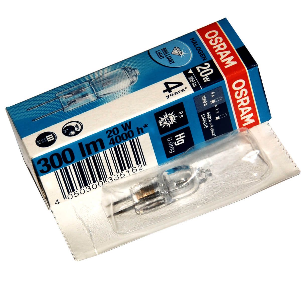 Лампа галогенная Osram 2 штуки в упаковке 20 Вт G4 12 В прозрачная (4008321201836) 
