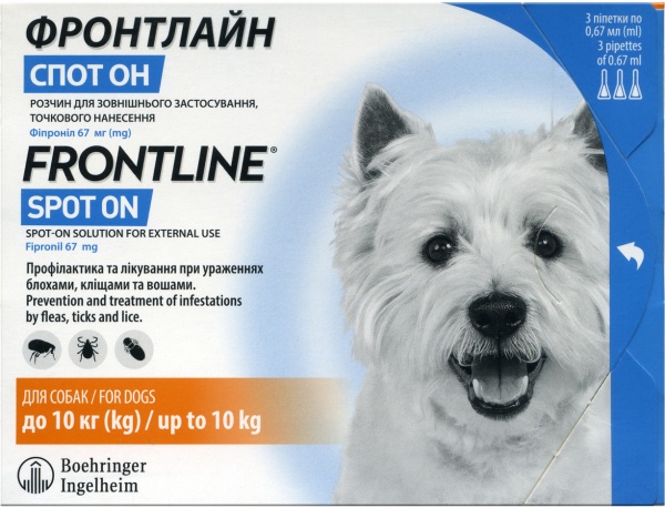 Краплі Frontline Boehringer Ingelheim Spot-on проти бліх і кліщів для собак вагою 2-10 кг (2000981007690) 0,67 мл