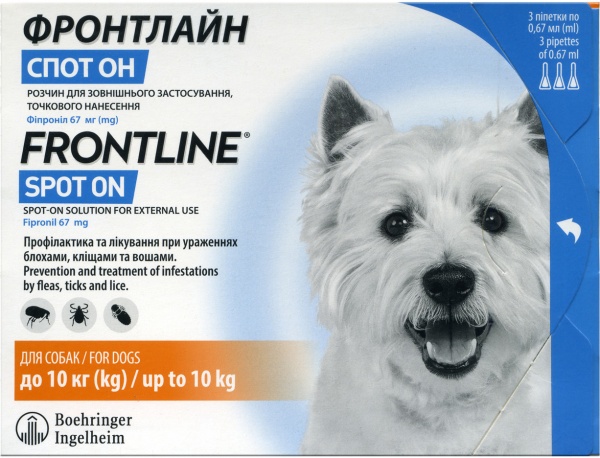 Капли Frontline Boehringer Ingelheim Spot-on против блох и клещей для собак весом 2-10 кг (2000981007690) 0,67 мл