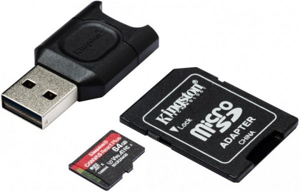 Карта памяти Kingston microSDXC 64 ГБ UHS-II Class 3 (U3) (MLPMR2/64GB) React Plus + MLPM Reader REACT Plus SDCR2 W/AD 