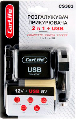 Автомобильное зарядное устройство CarLife 2в1 + USB, 12В, 5A