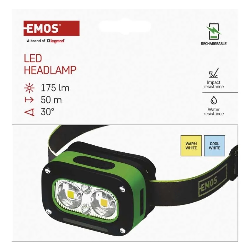 Ліхтар налобний Emos LED Li-Ion 800 mAh 175 Lm зелено-чорний P3545