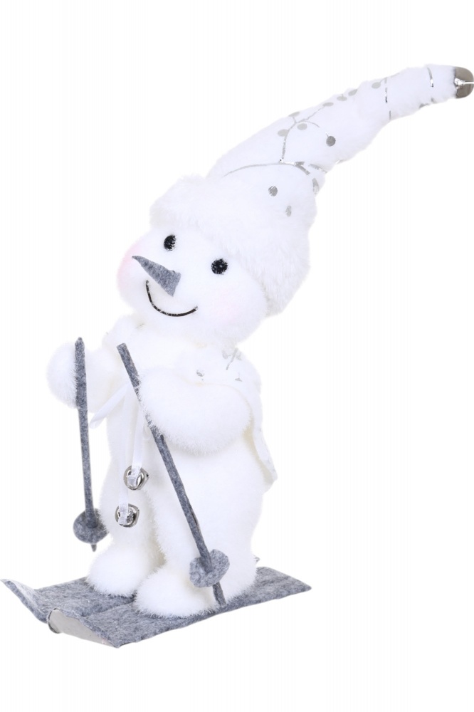 Декорация новогодняя снеговичок на лыжах флок белый 17х30 см