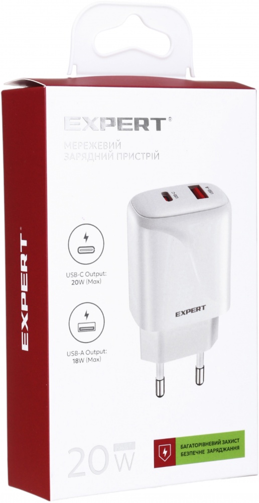Сетевое зарядное устройство Expert L158 20WPD USB-C 18WQC3.0 USB-A White