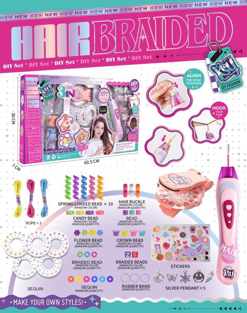 Ігровий набір KAI SI YUAN TOYS 3-в-1: намисто для волосся та плетіння косичок JSF087659