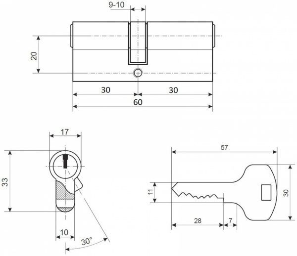 Цилиндр Apecs EC-60-NI CIS 30x30 ключ-ключ 60 мм никель