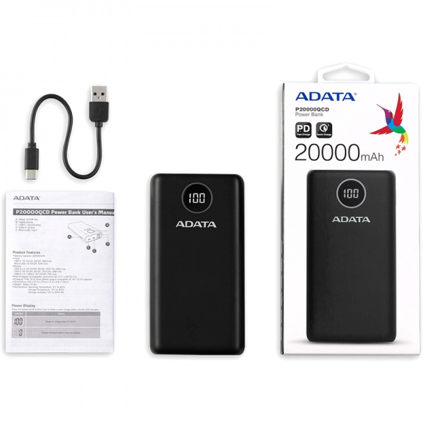Универсальная мобильная батарея ADATA 20000 mAh black (PB931033) P20000QCD PD 18W, USB-C, 2xUSB QC 3.0 black 