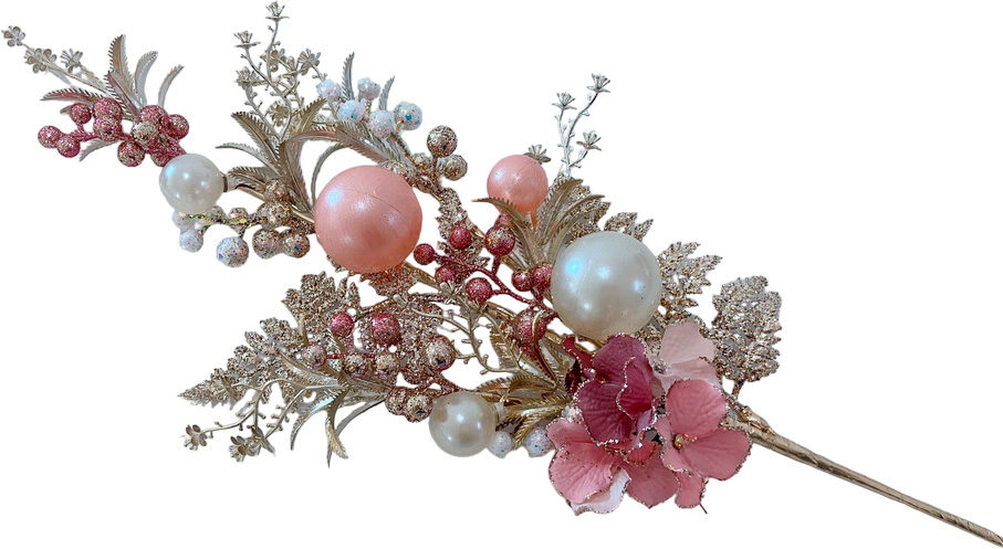 Декорация ветвь коллекционная с листьями шарами и цветами розово-золотой 71 см 23A3396