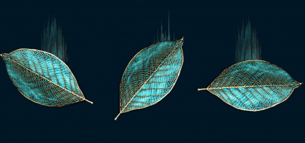Репродукция Листья бирюза на черном фоне 50x100 см Арт Фемелі 