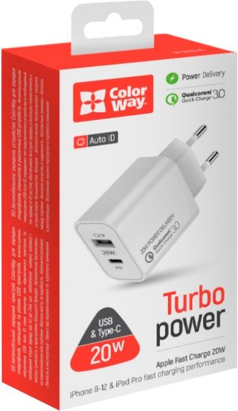 Сетевое зарядное устройство ColorWay (Type-C PD + USB QC3.0) 20W V2 белый CW-CHS025QPD-WT