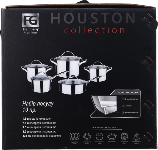 Набор посуды Houston 10 предметов со стеклянными крышками Flamberg Premium