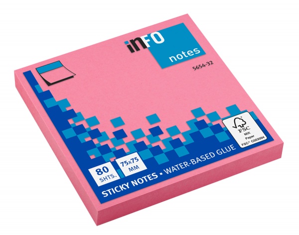 Блоки паперові самоклейкі Notes 75х75х80 neon pink INFO
