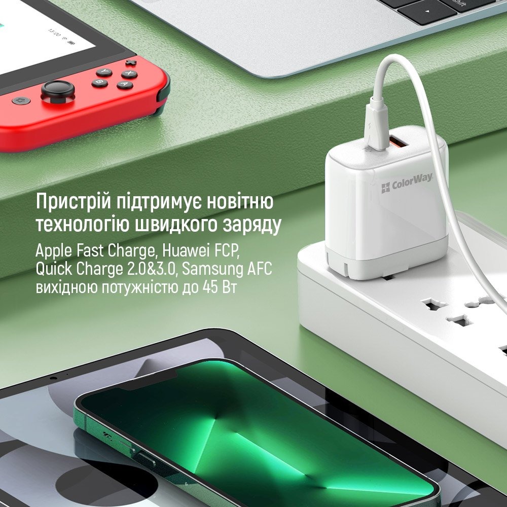 Мережевий зарядний пристрій ColorWay Power Delivery Port PPS USB (Type-C PD + USB QC3.0) (45W) білий CW-CHS042PD-WT