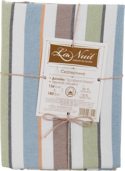 Скатерть Scotland Green зеленая полоска 136x180 см зеленый La Nuit 