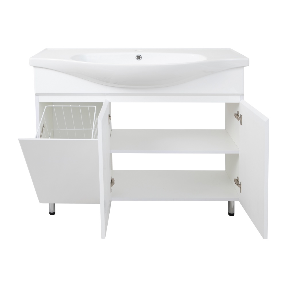 Тумба підлогова Aqua Rodos LEO білий глянець з кошиком для білизни та умивальником LILA 100 см