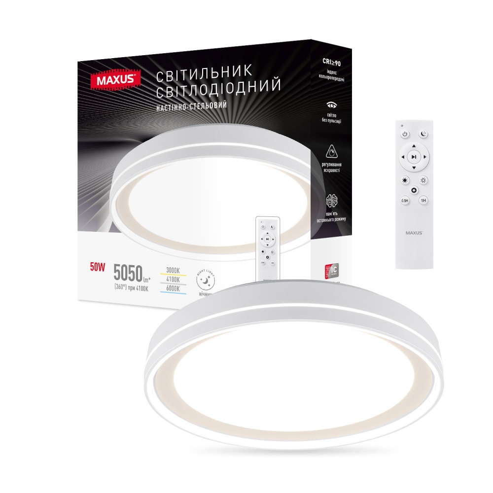 Світильник настінно-стельовий Maxus 50 Вт білий матовий 3000/4100/6000К К 1-MFCL-50R-Line