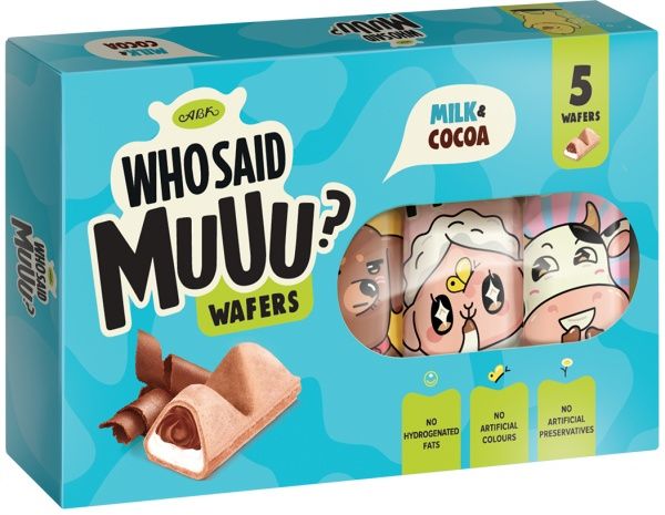 Вафлі АВК Who Said Muuu? з начинкою молоко і какао 5 шт. Who Said Muuu? з начинкою молоко і какао 5 х 11,6 г 