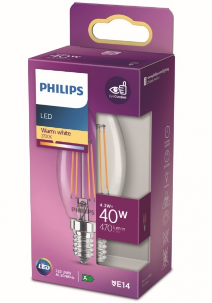 Лампа світлодіодна Philips B35 4,3 Вт E14 2700 К 220 В прозора 929001889755 