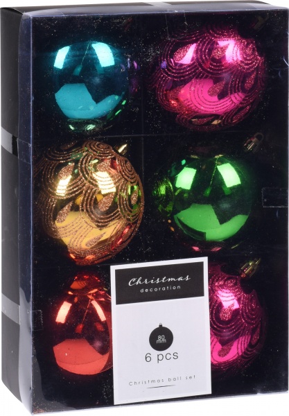 Набір ялинкових куль пластикових різнокольорових d80 мм 6 шт./уп. 