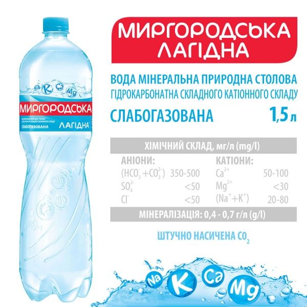 Вода минеральная Миргородська Лагідна слабогазированная 1,5 л (4820000430975) 