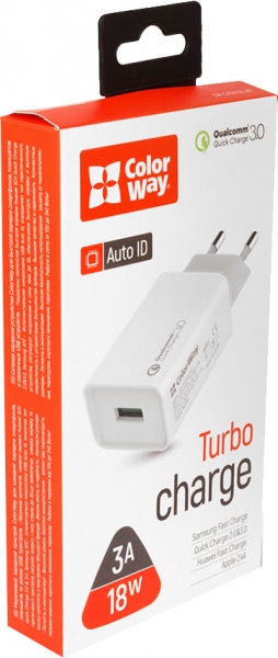 Сетевое зарядное устройство ColorWay 1USB Quick Charge 3.0 (18W) белый CW-CHS013Q-BK