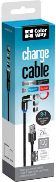 Кабель ColorWay USB - 3в1 Lightning + Micro 5P + Type-C Magnetic Rotation 540 ° 1 м чорний 