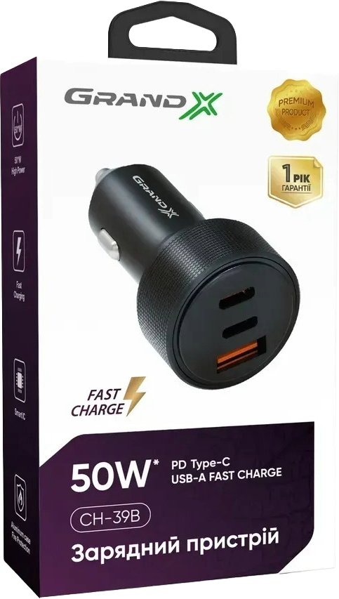 Автомобильное зарядное устройство Grand-X 2 USB+Type-C 50W черный (CH-39B)