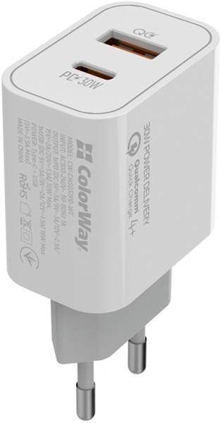 Зарядное устройство ColorWay Power Delivery Port PPS USB (Type-C PD + USB QC3.0) (30W) white (CW-CHS037PD-WT) 