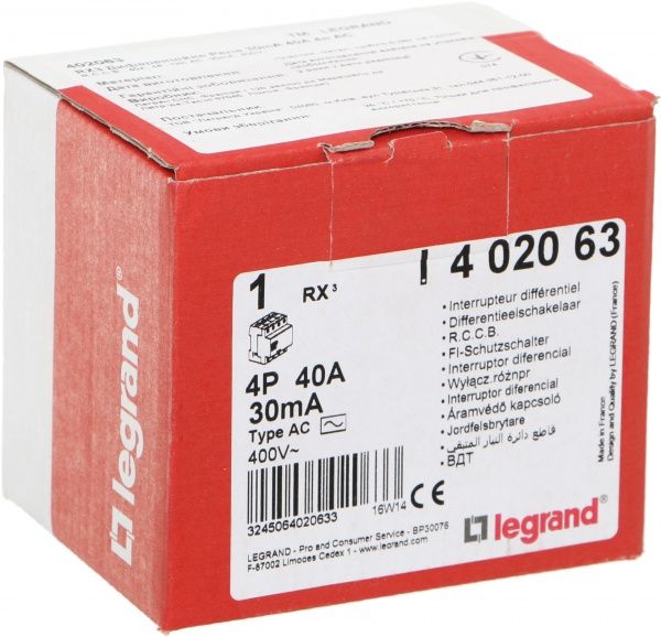 Дифференциальное реле Legrand RX3 30 мА 40 А 4p AC 402063