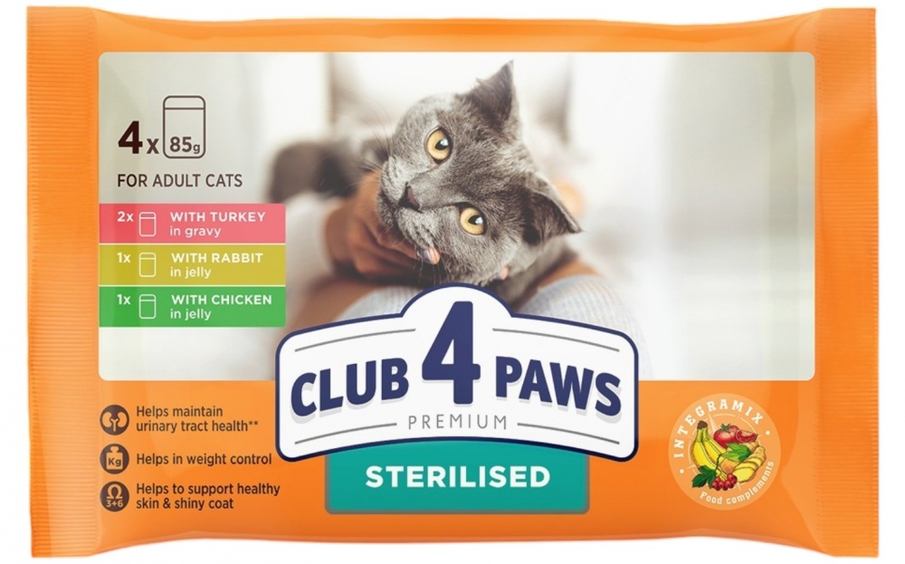 Корм вологий для котів Club 4 Paws індичка в соусі, кролик у желе 4х85 г 340 г