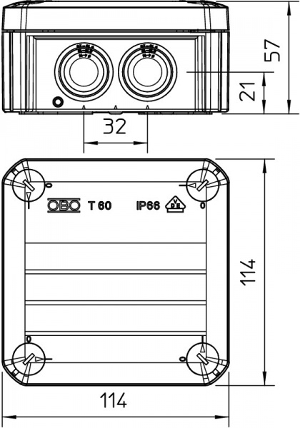 Коробка розподільча з кришкою OBO Bettermann Т-серії 114х114х57 самозатухаючий ПВХ 2007061